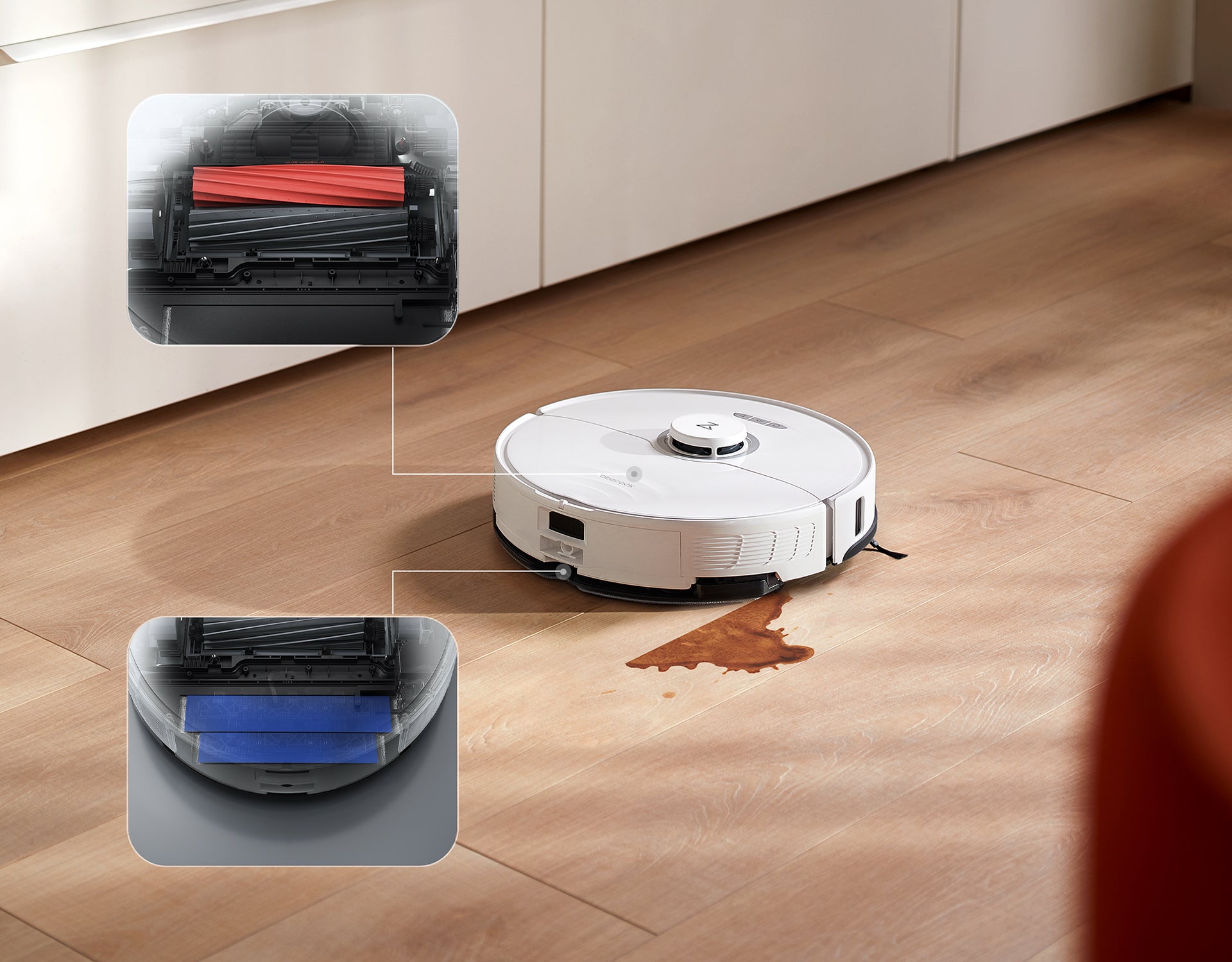 A Roborock robot vacuum cleaner cleaning a spill on the floor, with a close up view of certain sections of the device A Roborock robot vacuum cleaner cleaning a spill on the floor, with a close up view of certain sections of the device